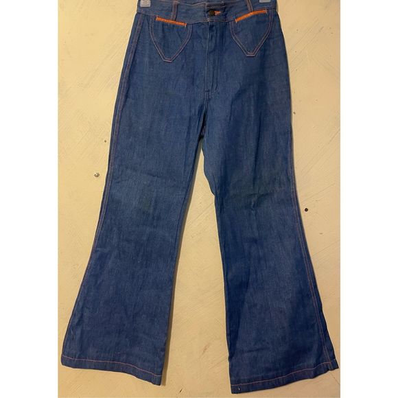 Vintage 70’s Bell Bottom Bellbottoms Flared Jeans Trimmed in Leather by BANG! BA - Picture 3 of 13